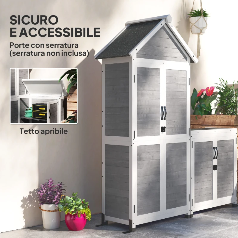 Outsunny Casetta da Giardino e Armadio Esterno con Tetto Apribile in Legno, Porte con Blocco, Grigio Chiaro