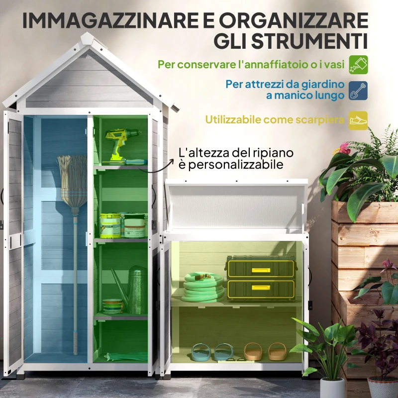 Outsunny Casetta da Giardino e Armadio Esterno con Tetto Apribile in Legno, Porte con Blocco, Grigio Chiaro