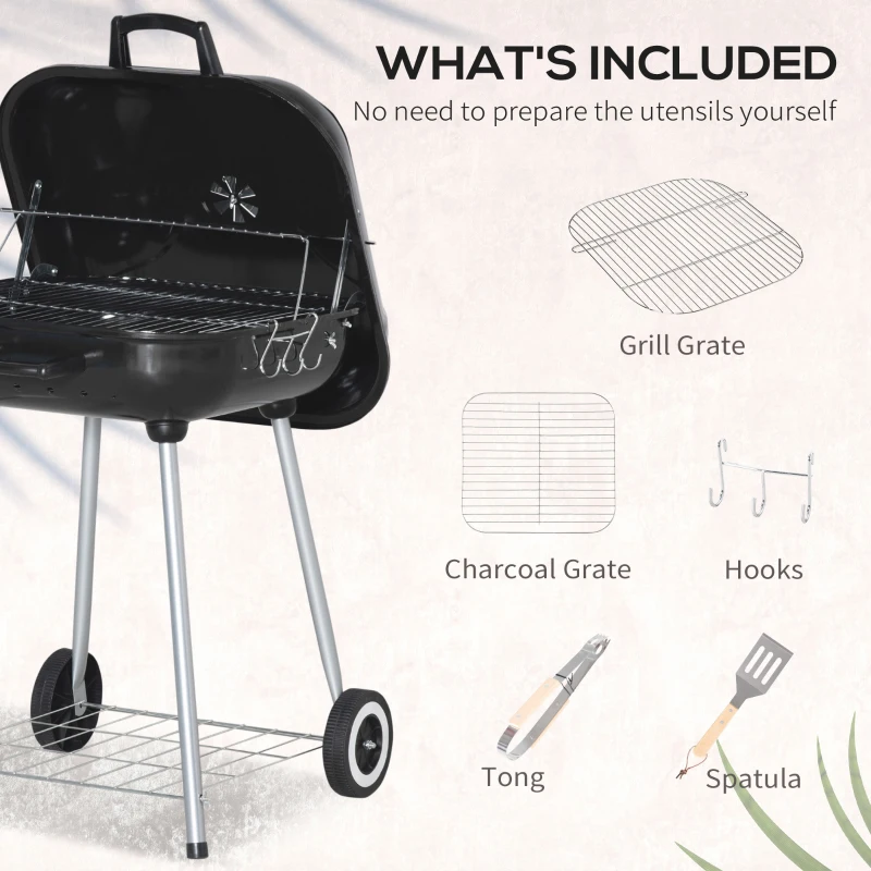 Outsunny Portable BBQ Charcoal Grill with 2 Wheels and Cooking Utensils, Smoker Grill with Lid for Outdoor Barbecues, Camping, Picnic, Courtyard