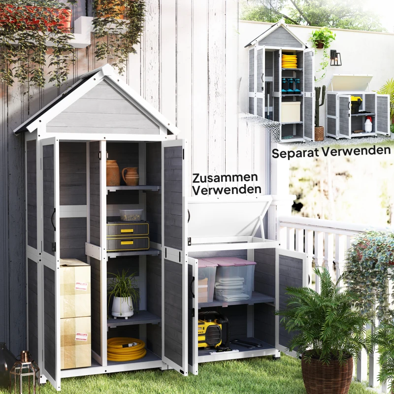Outsunny Gartenschuppen mit Aufbewahrungsschrank, anpassbare Regale, verschließbare Türen, wasserfest, Fichtenholz, Hellgrau(m-4)