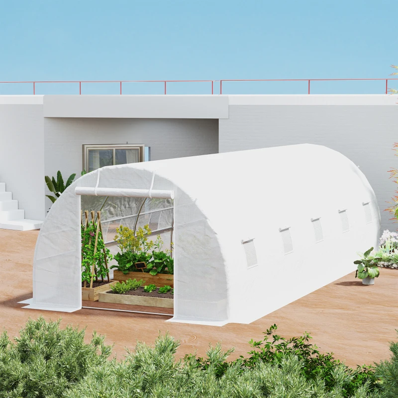 Outsunny Invernadero de Exterior Invernadero de Túnel 8x3x2 m Invernadero de Jardín con 12 Ventanas y Puerta Enrollable para Cultivo Plantas Tomates Verduras Acero y PE 140 g/m² Blanco