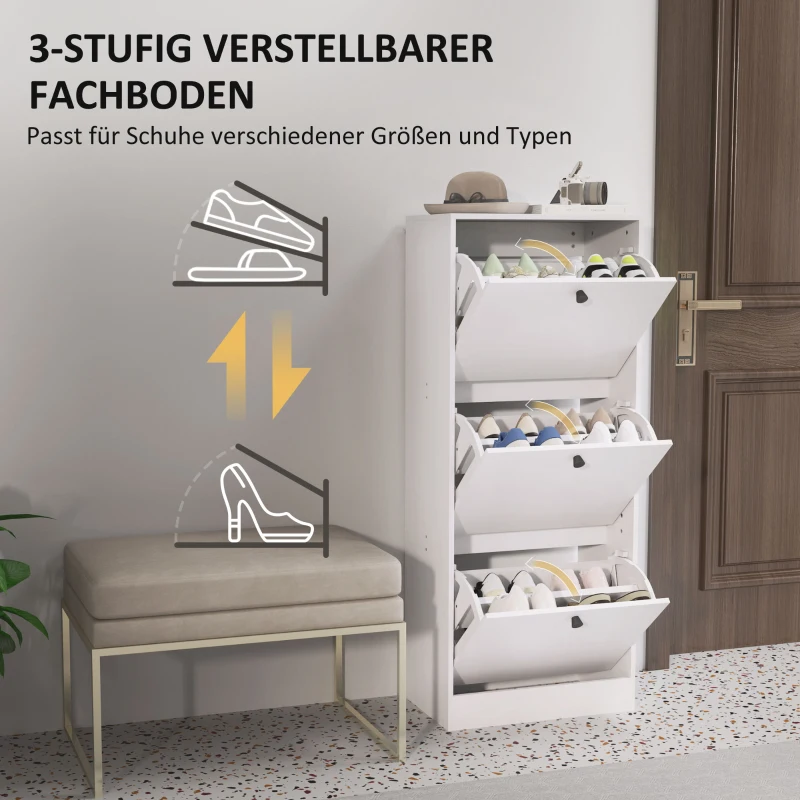HOMCOM Schoenenkast, Schoenenrek, 3 Klapvakken, Verstelbaar, Spaanplaat, Wit(m-5)