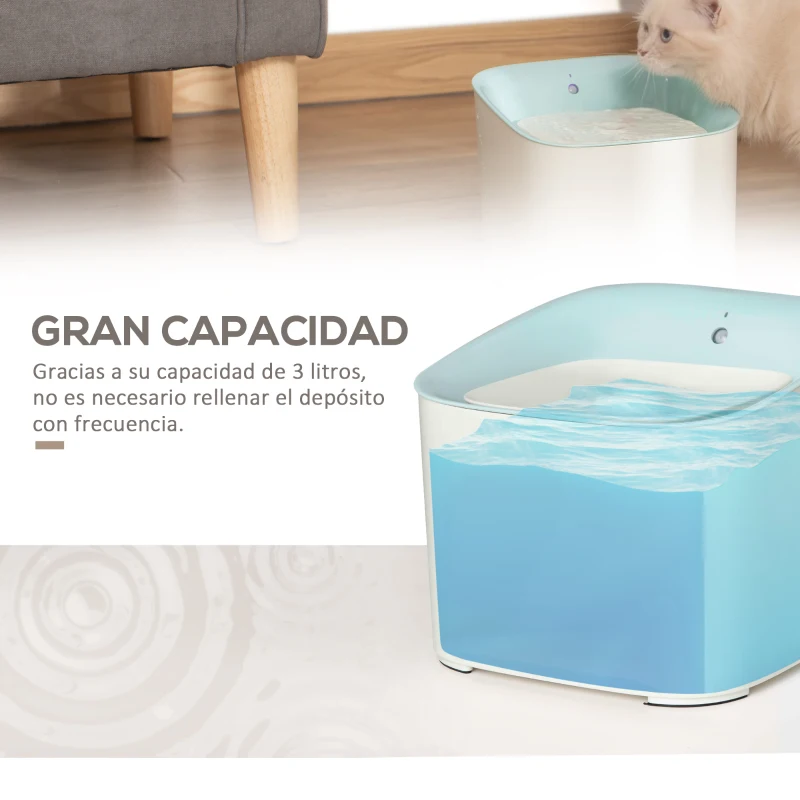 PawHut Fuente de Agua para Gatos 3L con Sensor de Infrarrojos 3 Modos Dispensador de Agua para Perros y Gatos Bebedero para Gatos con Luz Indicadora LED 21x20x18 cm Blanco y Azul