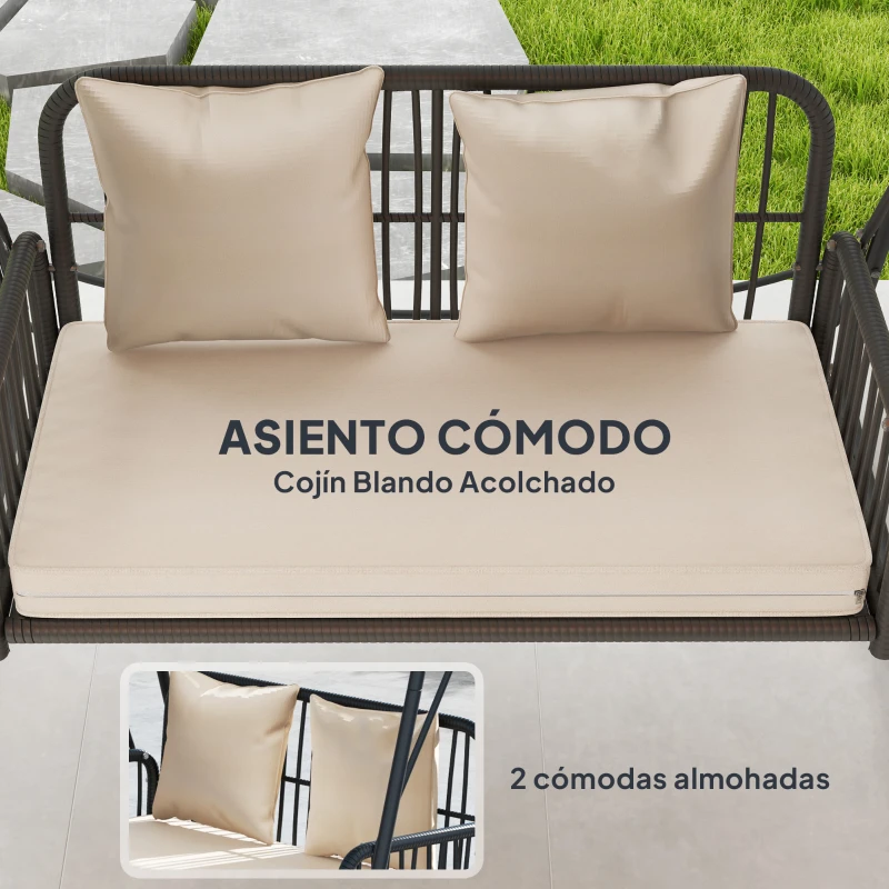 Outsunny Balancín de Jardín de 2 Plazas con Toldo Retráctil Cojines y Estructura de Acero con Ratán PE 149x121x180 cm Caqui