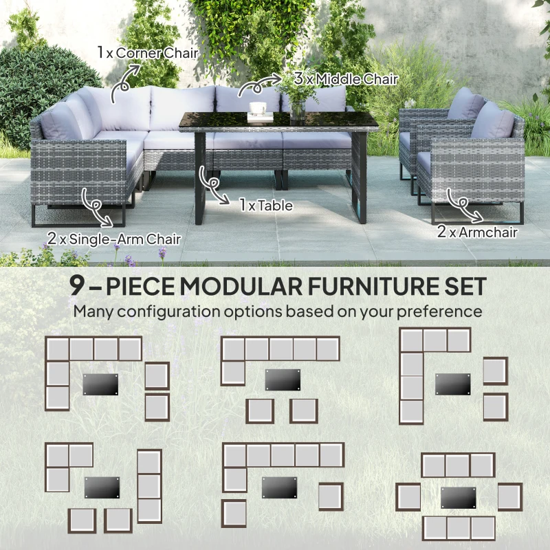 Outsunny 9 Piece Rattan Garden Furniture Set, 8 Seater Garden Corner Sofa with Cushions and Glass Top Table, Sectional Outdoor Furniture Conservatory Set for Patio, Light Grey
