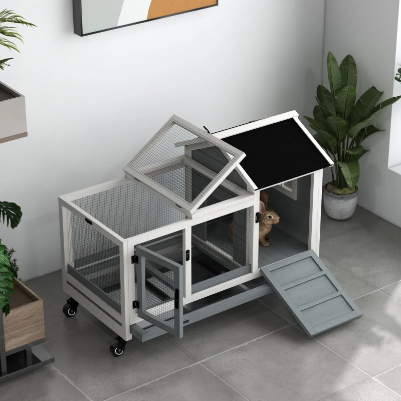 PawHut Kleintierstall für Zwergkaninchen, Meerschweinchen, mit Rädern, 108 x 58 x 73,5 cm, Grau(m-10)