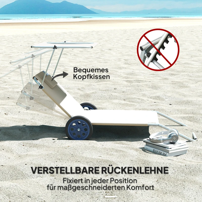 Outsunny Sonnenliege klappbar Gartenliege mit Kopfkissen Dach, Rolle Liegestuhl mit verstellbare Rückenlehne Beige