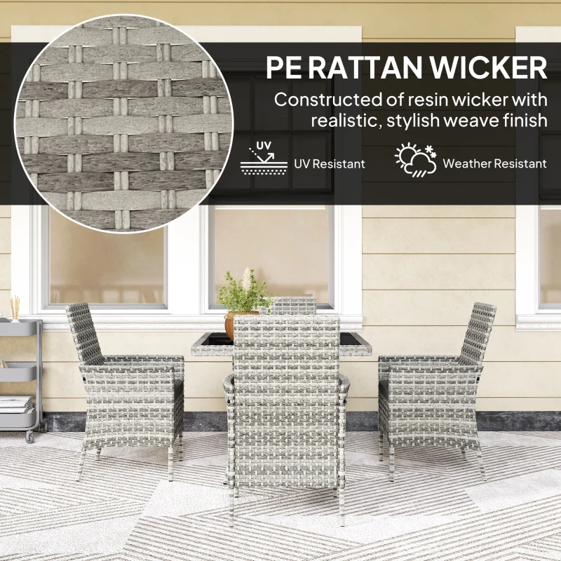 Outsunny Rattan Garden Furniture Set, Outdoor Dining Table and Chairs 4 Seater with Cushions, Square Tempered Glass Top, 4 Armchairs, for Balcony, Terrace, Conservatory, Mixed-Grey