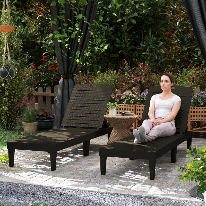 Outsunny Set van 2 Weerbestendige Tuinligstoelen met 4-Voudig Verstelbare Rugleuning tot 120kg - Zwart