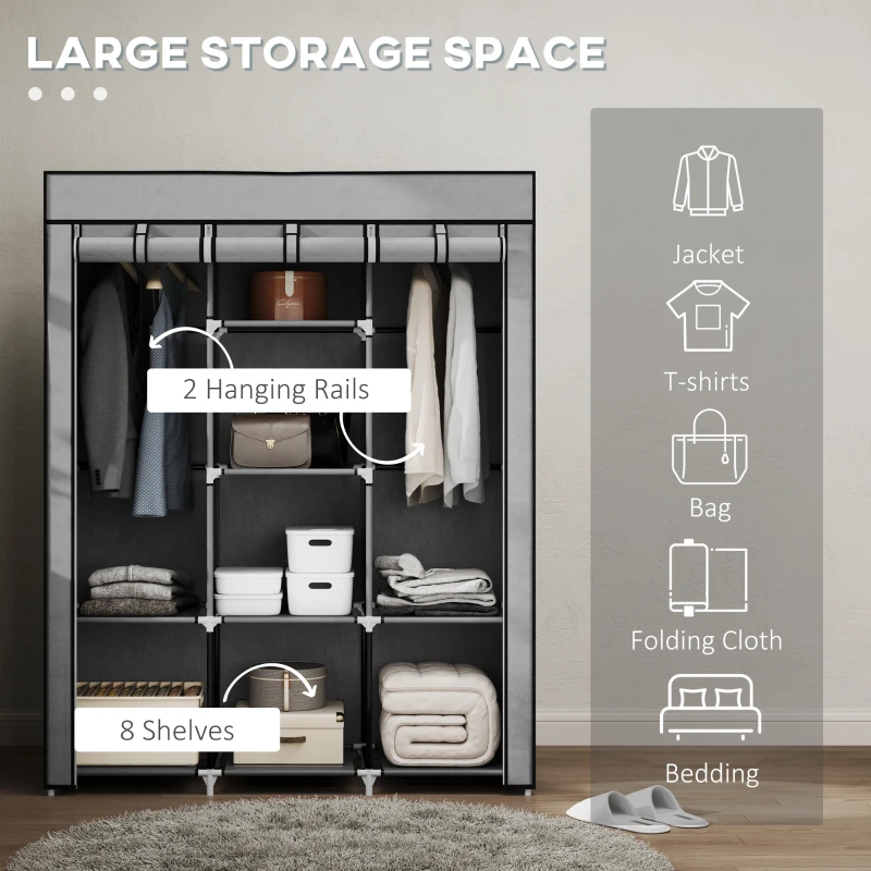 HOMCOM Fabric Wardrobe, with Rails and Shelves - Light Grey