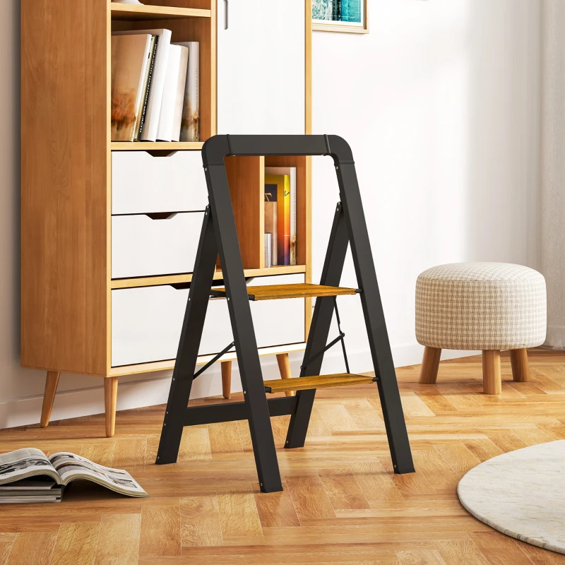 HOMCOM Drabinka 2-stopniowa, metalowa, składana, antypoślizgowa platforma, Czarny