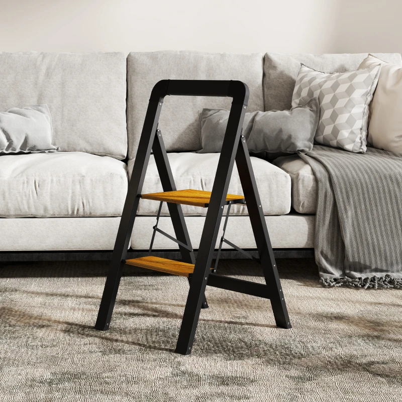 HOMCOM Drabinka 2-stopniowa, metalowa, składana, antypoślizgowa platforma, Czarny