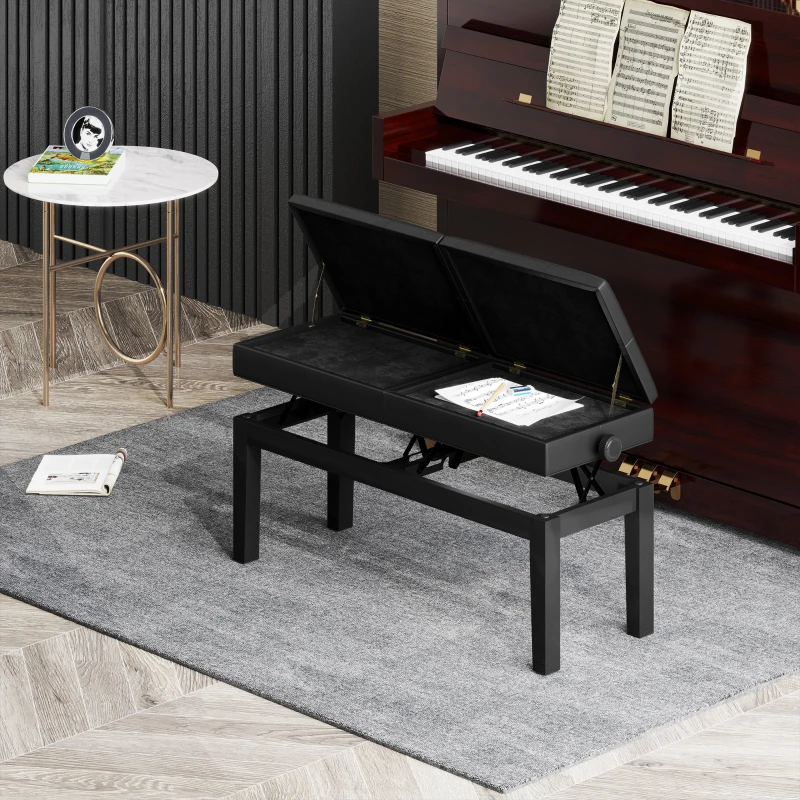 HOMCOM Pianobank, Verstelbare Dubbele Zitplaats, Opbergruimte, Kunstleer, Zwart(m-8)