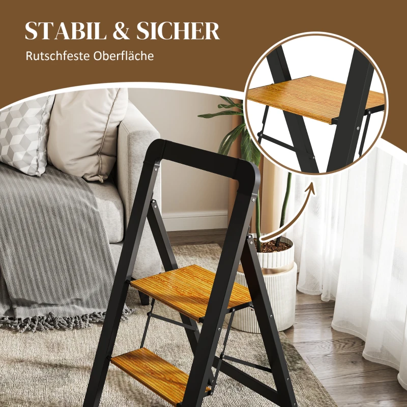 HOMCOM Drabinka 2-stopniowa, metalowa, składana, antypoślizgowa platforma, Czarny