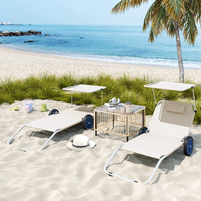 Outsunny Sonnenliege klappbar Gartenliege mit Kopfkissen Dach, Rolle Liegestuhl mit verstellbare Rückenlehne Beige