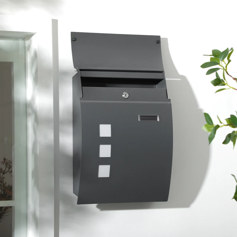 HOMCOM Briefkasten mit Schloss, verzinkter Stahl, 30 cm langer Postschlitz, Grau