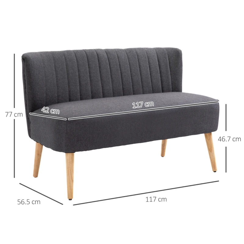 HOMCOM Divano 2 Posti Moderno in Tessuto Senza Braccioli, Divanetto da Salotto con Gambe in Legno, 117x56.5x77 cm, Grigio Scuro