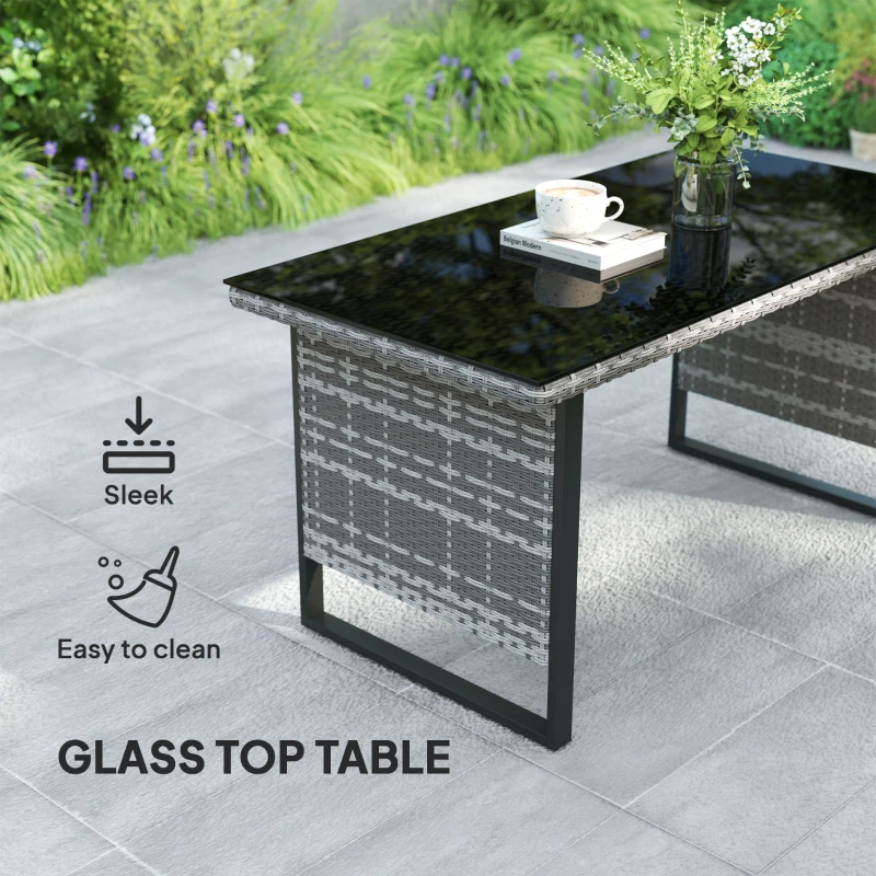 Outsunny 9 Piece Rattan Garden Furniture Set, 8 Seater Garden Corner Sofa with Cushions and Glass Top Table, Sectional Outdoor Furniture Conservatory Set for Patio, Light Grey