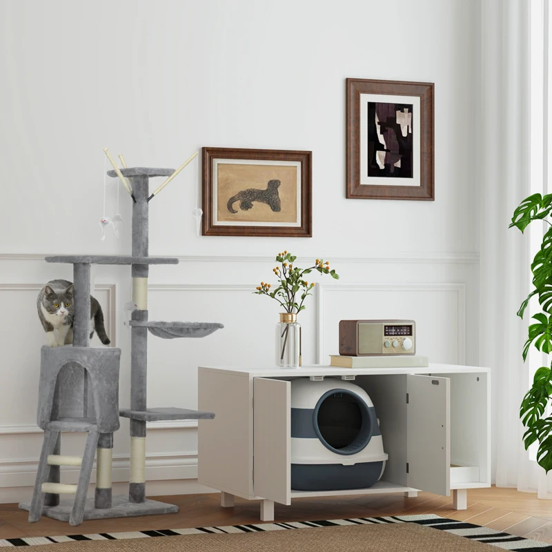 PawHut Katzenbaum, Kratzbaum, Katzenkratzbaum, Treppe, Spielzeug, 50 x 35 x 134,2 cm, Grau