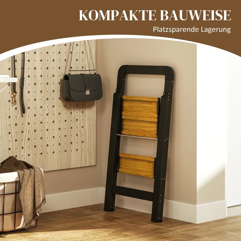 HOMCOM Drabinka 2-stopniowa, metalowa, składana, antypoślizgowa platforma, Czarny