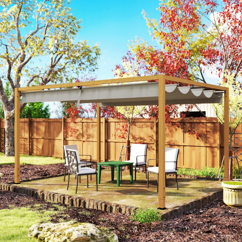 Outsunny Pergola extérieure 4 x 3 m avec toit rétractable et cadre en aluminium effet bois