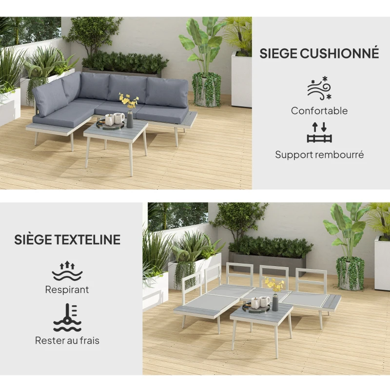 Outsunny Salon de jardin 3 pièces – Canapé d'angle modulable avec assise réglable, coussins confort, table effet bois – Gris