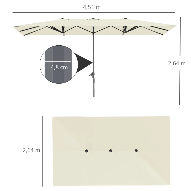 Outsunny Dubbelzijdige Parasol, 451 x 264 cm Zonnescherm met Kruksysteem, 12 Metalen Baleinen, Aluminiummast, Crèmewit(m-3)