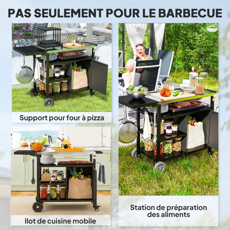 Outsunny Desserte jardin chariot de barbecue avec plateau en acier inoxydable tablette pliable, crochets, housse inclus,, noir