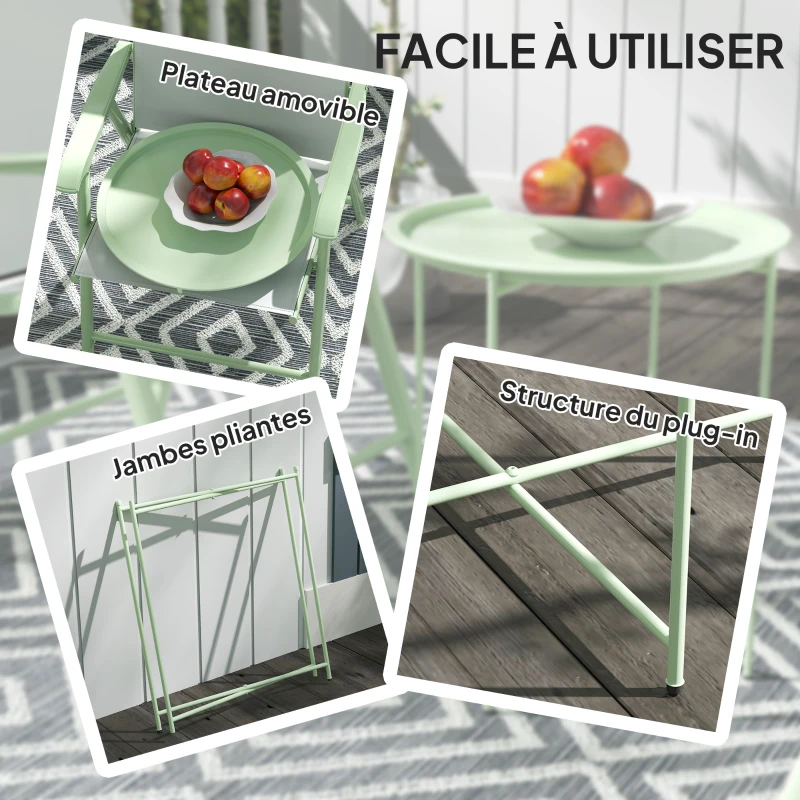 Outsunny Petite table basse ronde table d'appoint plateau amovible avec bord relevé pieds pliables en acier Ø 46 x 50 cm vert