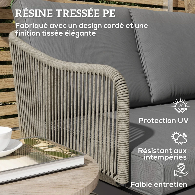 Outsunny Canapé de jardin 2 places avec coussins en résine tressée, canapé d'extérieur cadre en acier 110 x 70 x 72 cm gris foncé