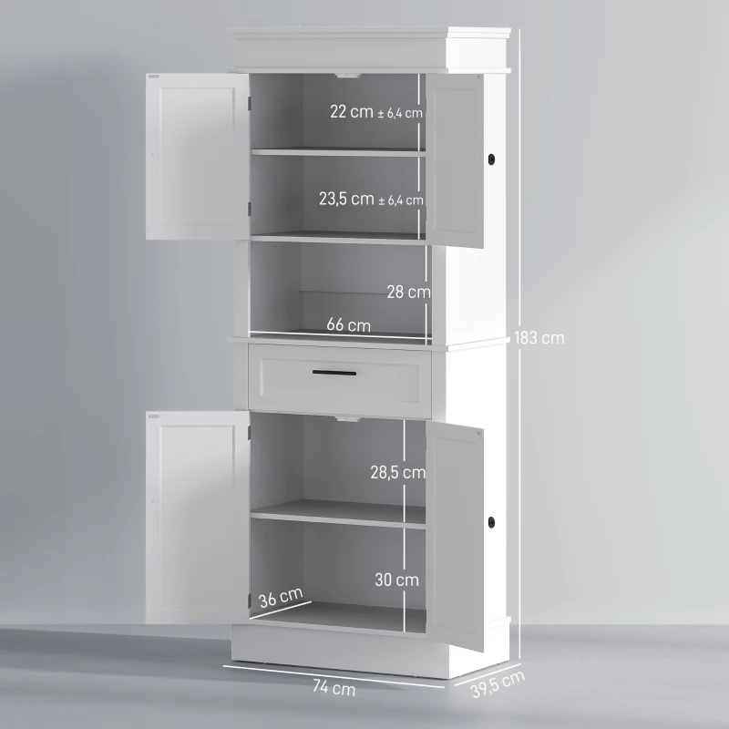 HOMCOM Armário de Cozinha com 4 Portas 1 Gaveta e Prateleira Aberta para Sala de Estar Sala de Jantar 74x39,5x183cm Branco
