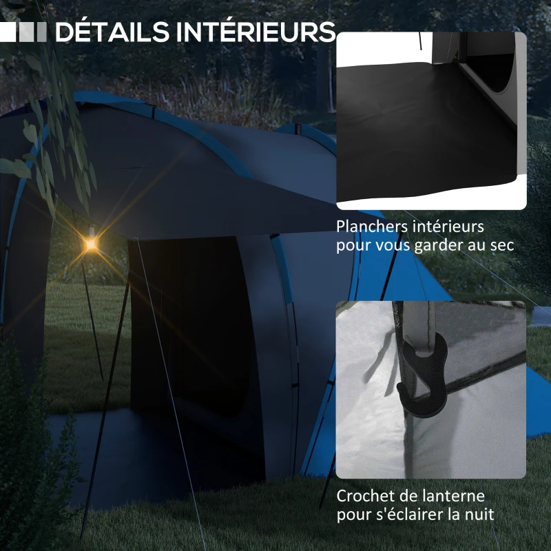 Outsunny Tente de camping familiale 4-6 pers. étanche légère facile à monter 2 grandes portes dim. 5,55 x 2,25 x 1,9 m gris foncé et bleu