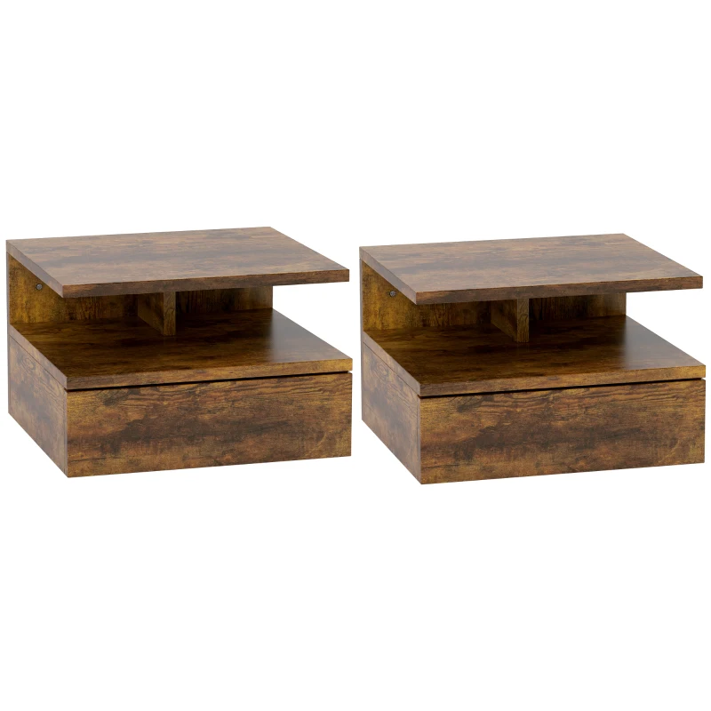HOMCOM Set de 2 Noptiere Suspendate cu Sertar și Poliță Superioară, 35x32x22.5 cm, Lemn Natural