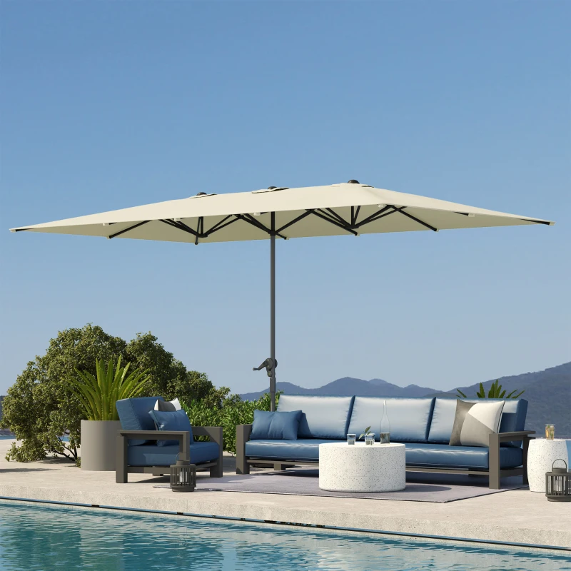 Outsunny Dubbelzijdige Parasol, 451 x 264 cm Zonnescherm met Kruksysteem, 12 Metalen Baleinen, Aluminiummast, Crèmewit(m-8)