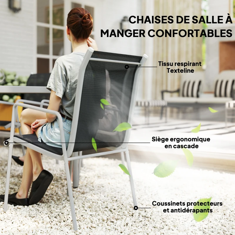 Outsunny Ensemble de jardin 6 pers. 6 chaises empilables table plateau verre trempé 5 mm métal époxy textilène argent