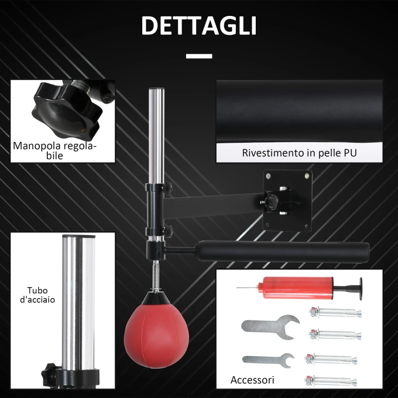 HOMCOM Speed Bag a Parete per Boxe e MMA ad Altezza Regolabile con Asta, Acciaio e PU, 79x72x20 cm, Rosso