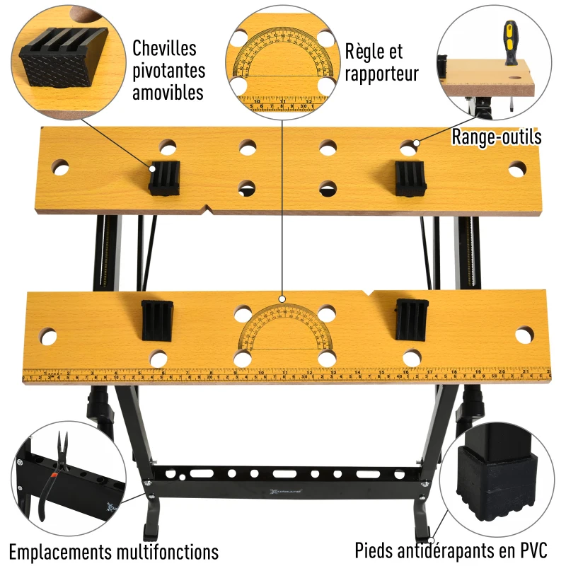 DURHAND Établi pliant établi de serrage avec 4 serre-joints table de travail, charge 100 kg, 62,5x60,5x78,5cm, noir