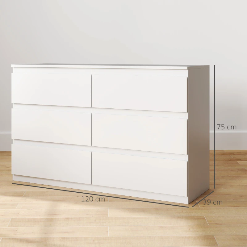 HOMCOM Commode 6 tiroirs meuble de rangement sans poignées design minimaliste 120 x 39 x 75 cm blanc