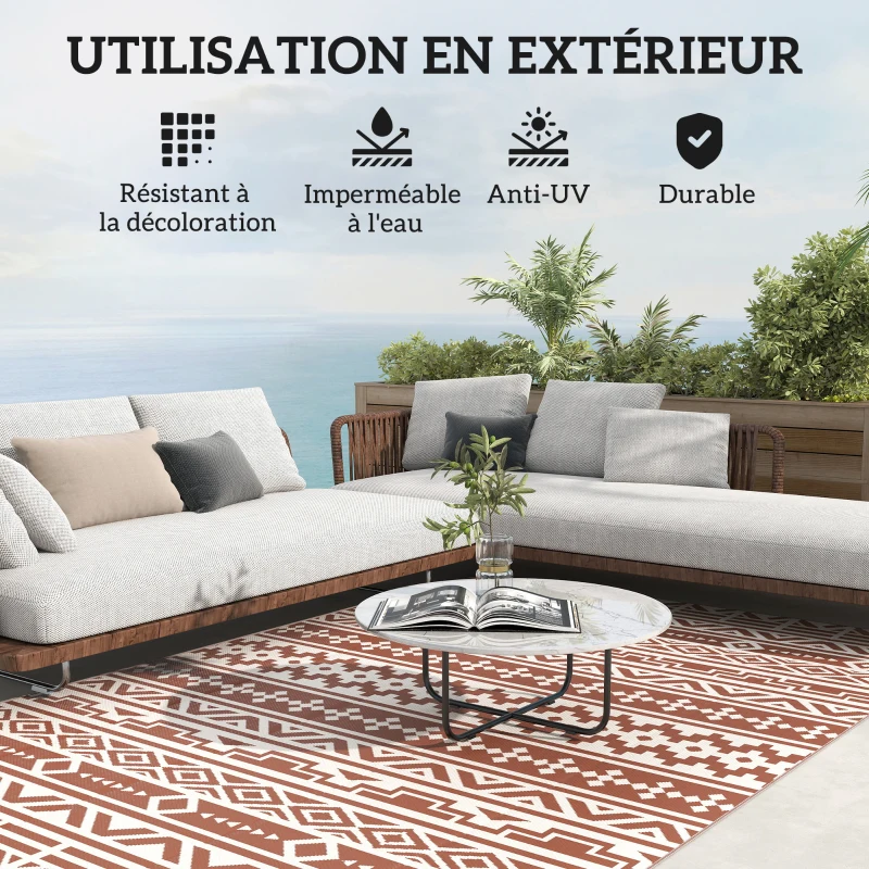 Outsunny Tapis d'extérieur réversible 1,8 x 2,7 m, tapis de sol au motif mur géométrique en PP sac de transport rouge et blanc