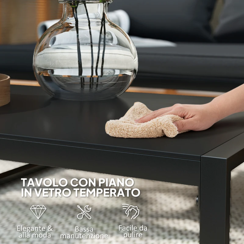 Outsunny Salotto da Giardino in Rattan PE con Divano 2 Posti, 2 Poltrone, Tavolino in Vetro e Cuscini, Nero