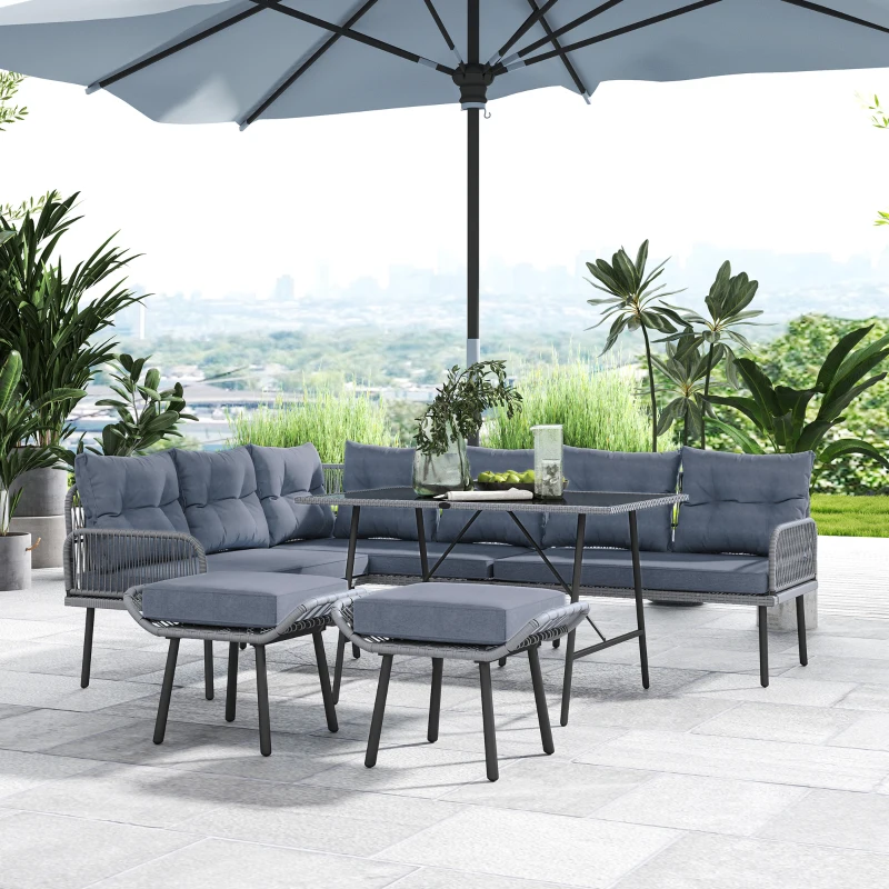 Outsunny 6 Piece Rattan Garden Furniture Set, 8 Seater Garden Corner Sofa with Cushions and Glass Top Table, Sectional Outdoor Furniture Conservatory Set for Patio, Charcoal Grey