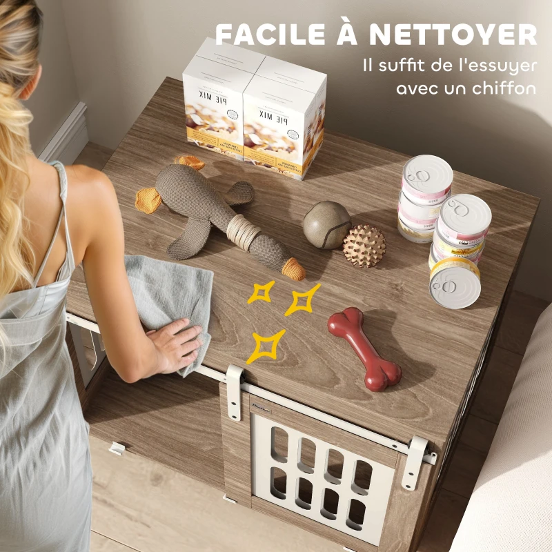 PawHut Meuble cage pour chien avec porte coulissante, maison pour chien de moyenne, table d'appoint, 80 x 59 x 63 cm, noyer