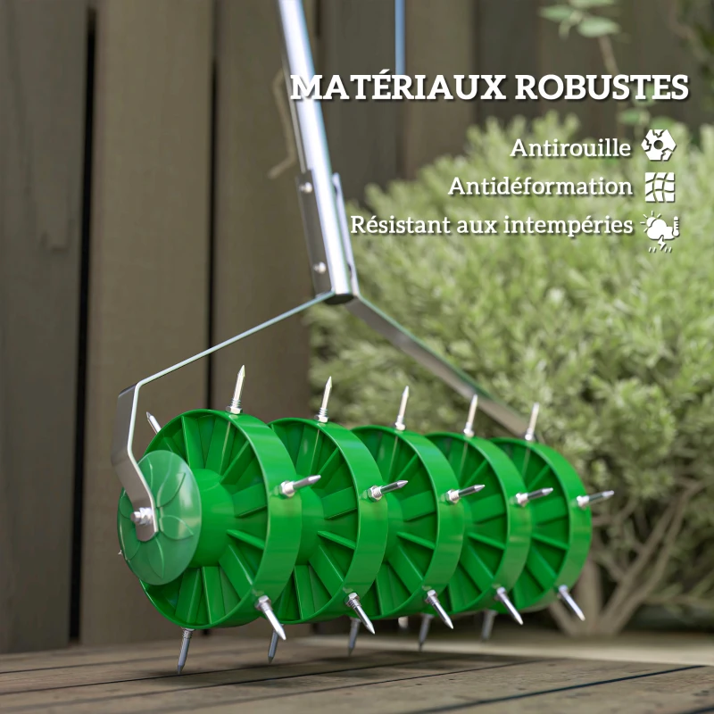 Outsunny Rouleau aérateur de pelouse avec poignée amovible en 3 pièces, aérateur de gazon manuel, 45 x 21 x 140 cm vert foncé