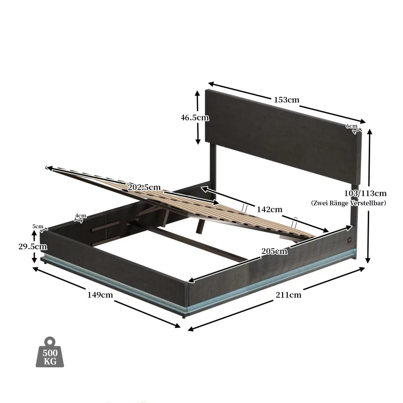 Doppelbett mit Stauraum, 140x200 cm, höhenverstellbares Kopfteil, ohne Matratze, Dunkelgrau