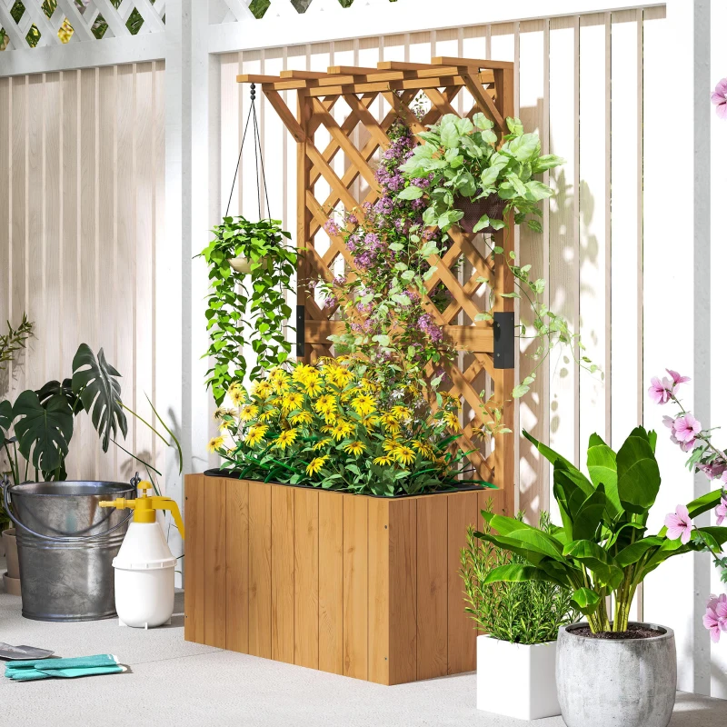 Outsunny Hochbeet Pflanzkasten mit Rankgitter, Spalier Pflanzkübel Blumenkasten Holz, Gartenspalier 64 x 33 x 122cm Naturholz(m-7)