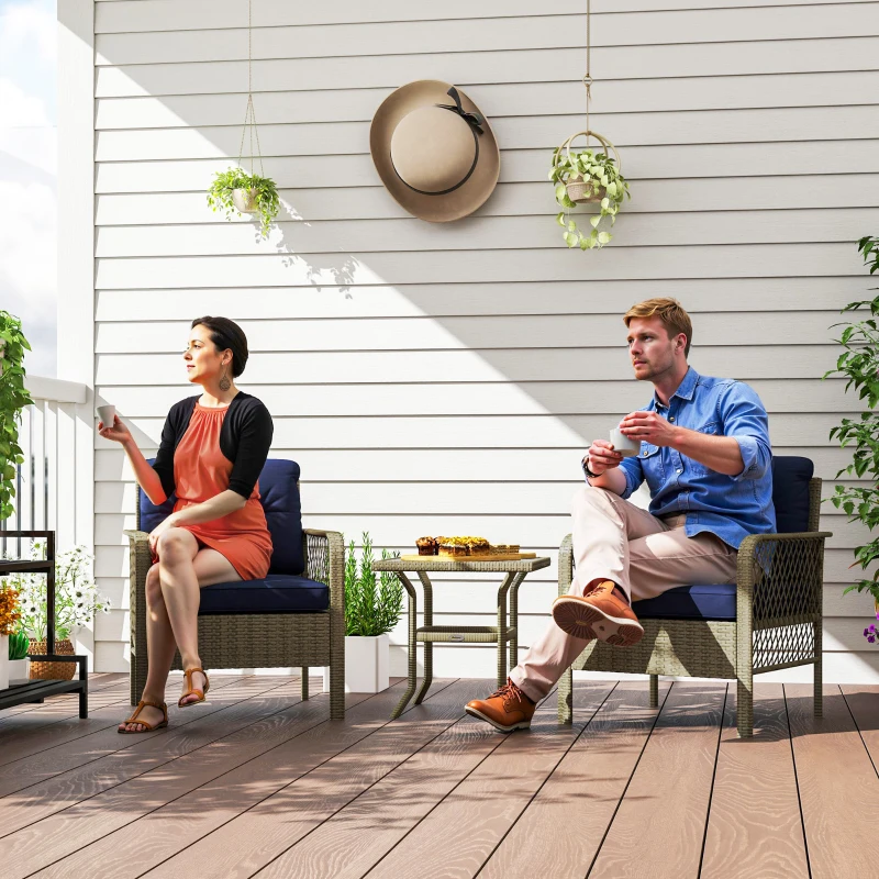 Outsunny 3 Pieces Rattan Bistro Set with Glass Top Coffee Table, Chairs and Cushions for Outdoor, Patio, Balcony, Charcoal Grey