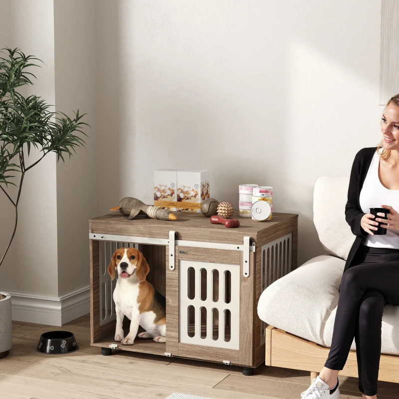 PawHut Meuble cage pour chien avec porte coulissante, maison pour chien de moyenne, table d'appoint, 80 x 59 x 63 cm, noyer