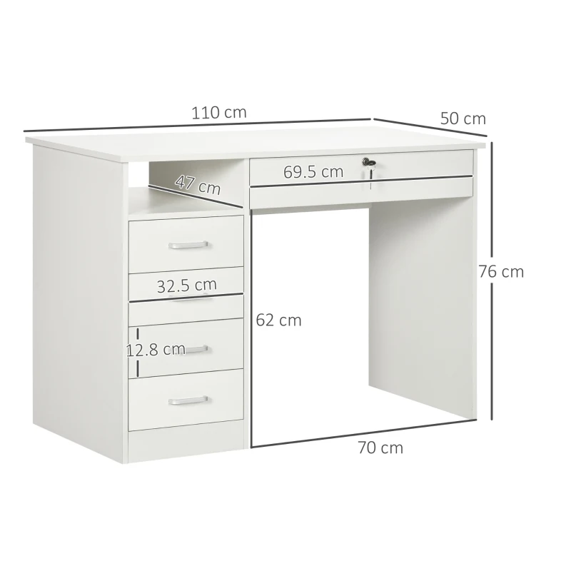 HOMCOM Masa de Birou din Lemn cu 5 Sertare, 110x50x76cm - Alb(m-3)