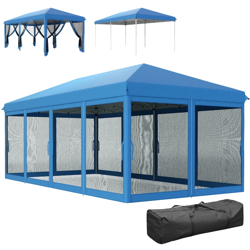 Outsunny 3 x 6m Pop Up Gazebo, Outdoor Canopy Shelter, Marquee Party Wedding Tent with 6 Mesh Walls and Carry Bag, Blue