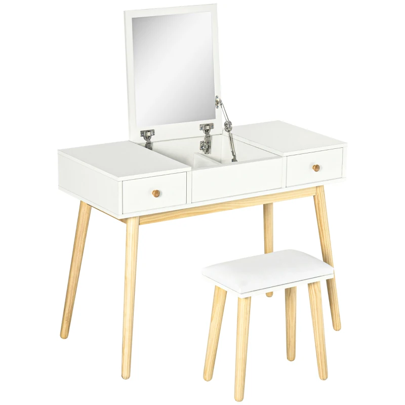 HOMCOM Ensemble de coiffeuse avec tabouret miroir rabattable style scandinave 2 tiroirs 100 x 45 x 118 cm, blanc